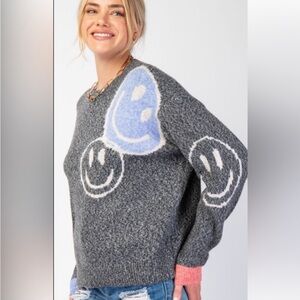 EASEL Gray Smiley Face Sweater smile Heather knit purple orange cute